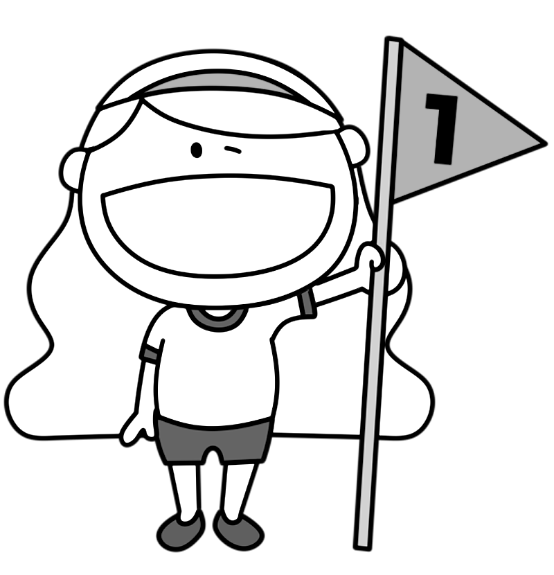 運動会の白黒フリー素材 1位の旗を持つ女の子 フリーイラストの かくぬる素材工房