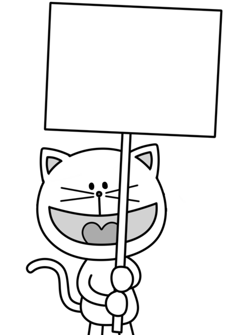 プラカードを持つ猫の白黒フリー素材 フリーイラストの かくぬる素材工房
