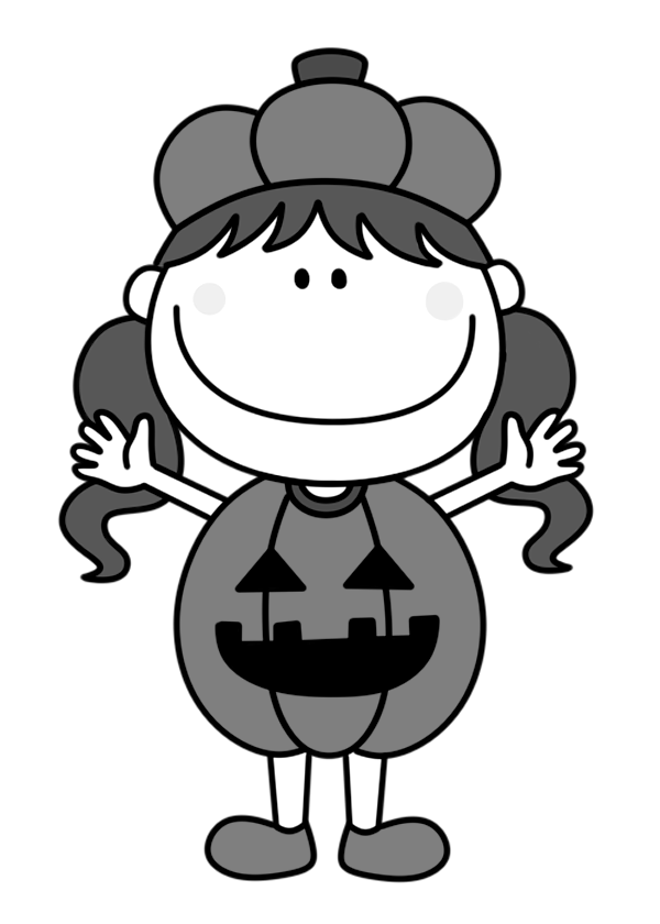 ハロウィン かぼちゃコスプレの白黒フリー素材 女の子 フリーイラストの かくぬる素材工房