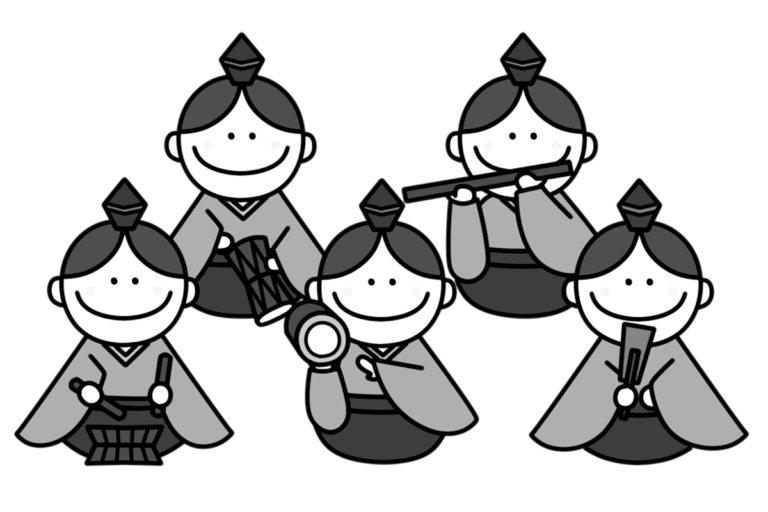 五人囃子の白黒フリー素材 ひな祭りイラスト 雛人形 | フリーイラストの「かくぬる素材工房」
