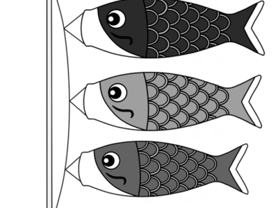 鯉のぼり3匹　白黒フリー素材　こどもの日イラスト
