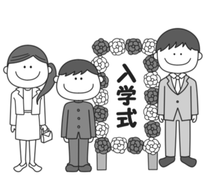 中学校入学式　白黒フリー素材　お父さんとお母さんと男の子