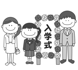 高校入学式　白黒フリー素材　お父さんとお母さんと女の子