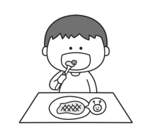 食中毒予防　白黒フリー素材　モノクロ無料イラスト　ウイルスの入ったご飯を食べる人
