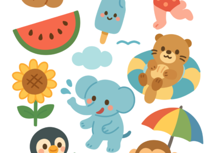 alt="夏の動物イラスト素材（クマ・うさぎ・ペンギン・ゾウなど）手書き風・線なし・子ども向けフリー素材"